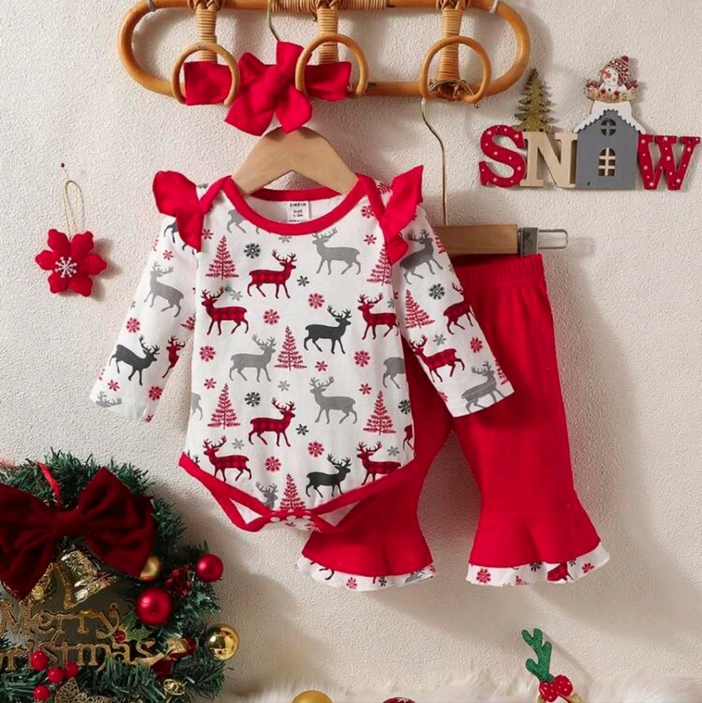 SHEIN Baby Girl Christmas Print Ruffle Trim Matching Bodysuit w/ Headband NWOT